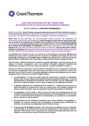 Grant Thornton distingué lors des Trophées 2023 de la Qualité de Vie au Travail et de la Parentalité en Entreprise 