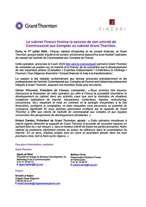 Le cabinet Finexsi finalise la cession de son activité de Commissariat aux Comptes au cabinet Grant Thornton.