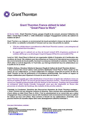 Grant Thornton France obtient le label “Great Place to Work”